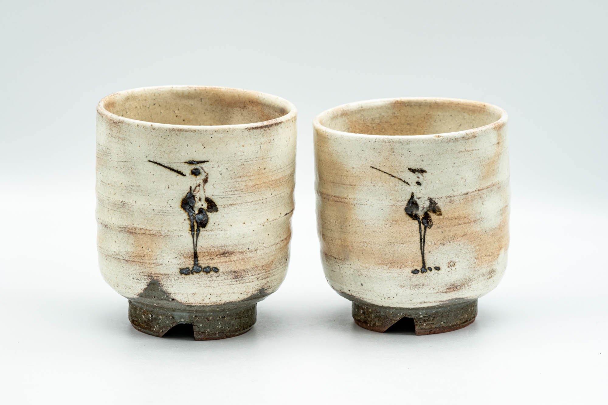 Japanese Teacups - Pair of 西山窯 Seizan Kiln Standing Cranes Kyo-yaki Meoto Yunomi