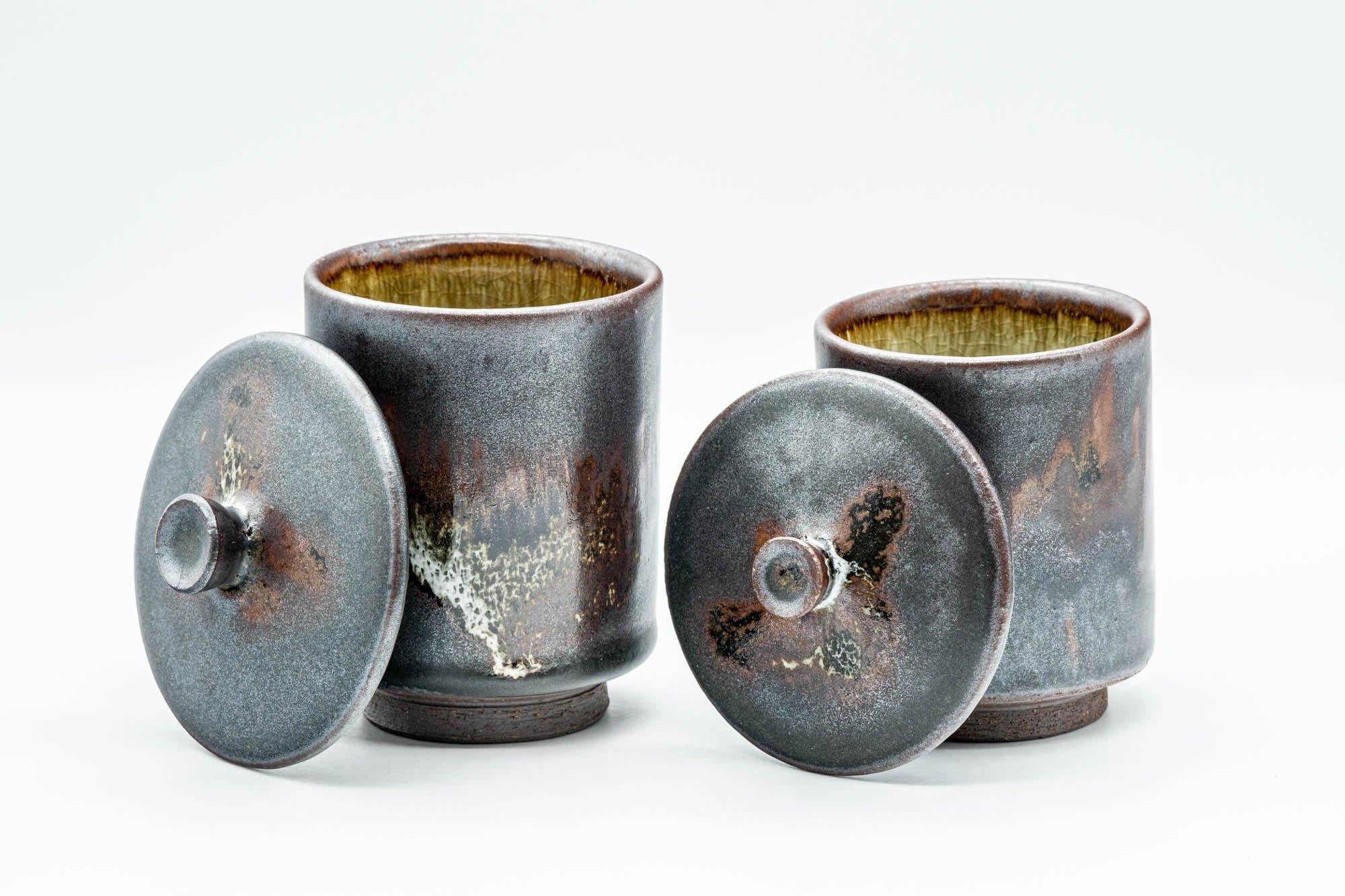 Japanese Teacups - Pair of Drip-Glazed Lidded Meoto Yunomi