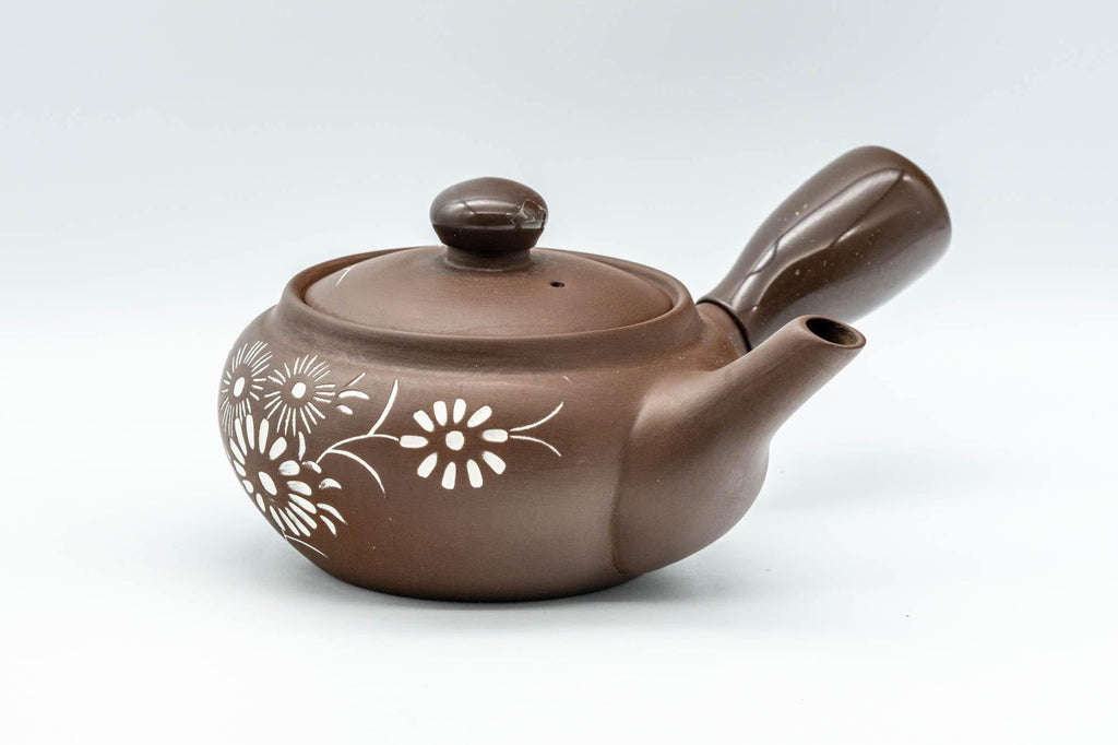 Japanese Kyusu - Floral White and Brown Teapot with Rubber Grip - 250ml