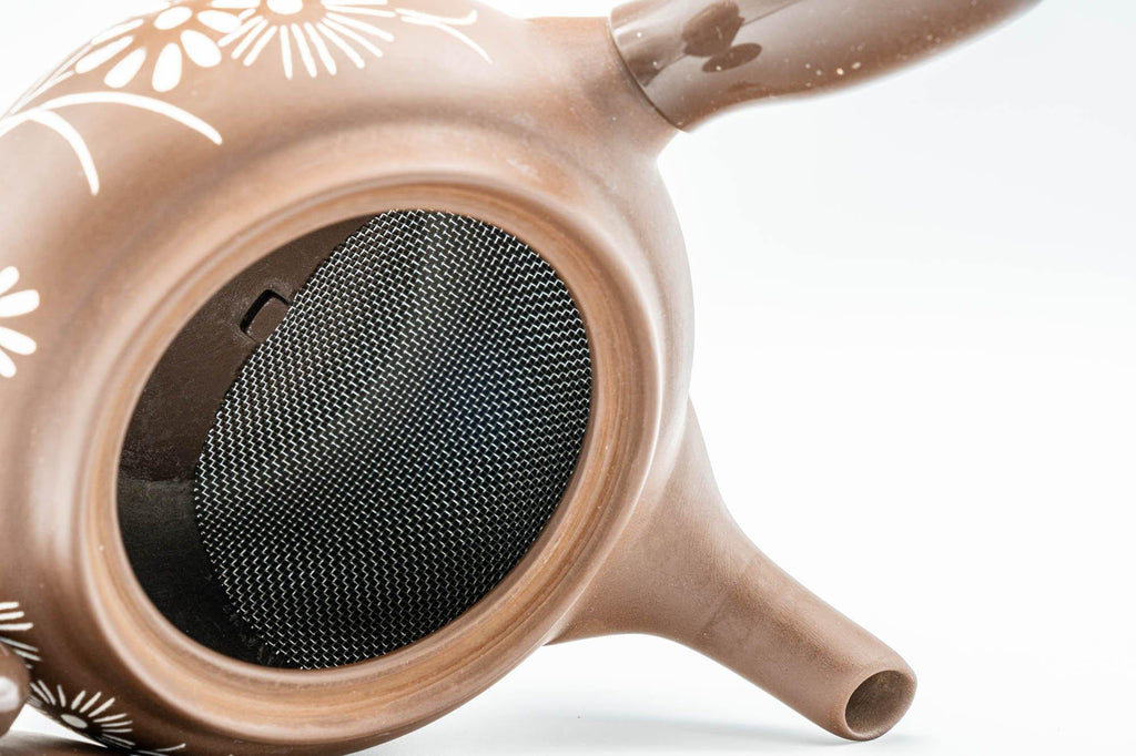 Japanese Kyusu - Floral White and Brown Teapot with Rubber Grip - 250ml