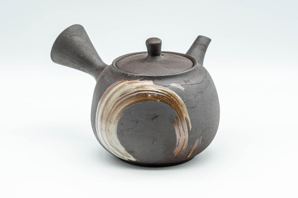 Japanese Kyusu - Beige Hakeme Black Stoneware Maru-gata Teapot - 275ml