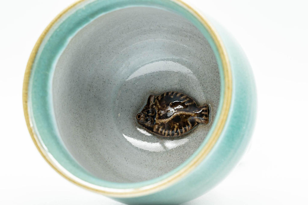 Japanese Teacup - Ceramic Fish Pet Green Glazed Yunomi - 150ml
