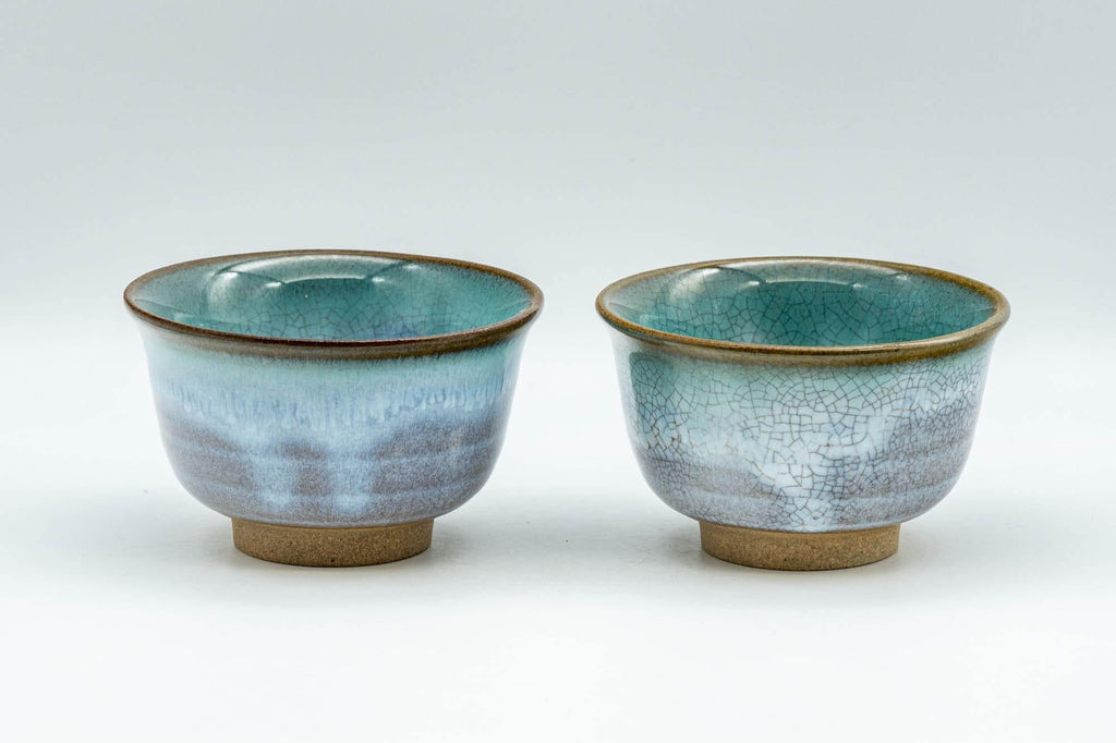 Japanese Teacups - Pair of Turquoise Drip-Glazed Agano-yaki Yunomi - 100ml