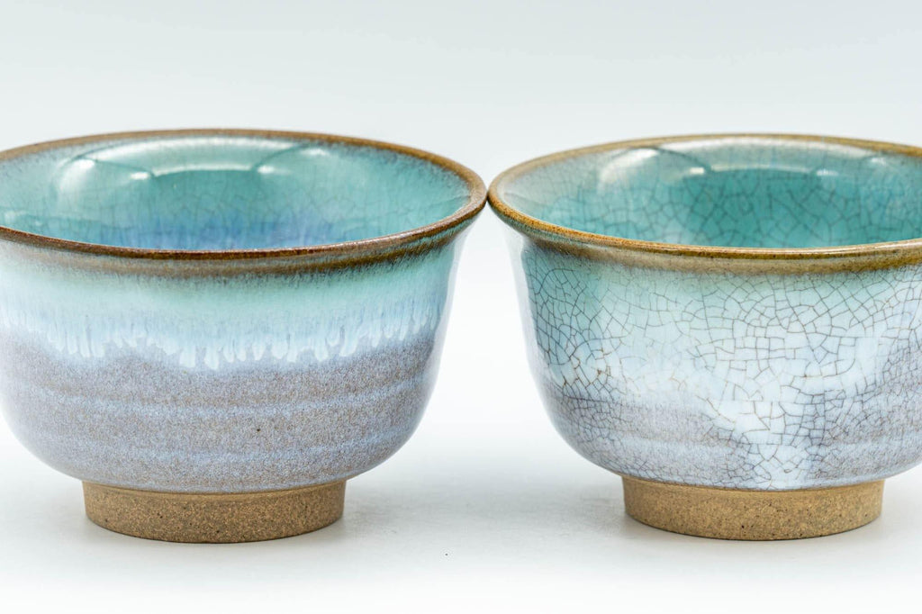 Japanese Teacups - Pair of Turquoise Drip-Glazed Agano-yaki Yunomi - 100ml