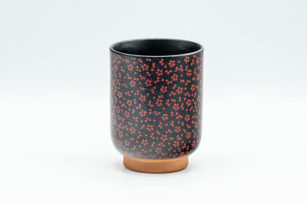 Japanese Teacup - Black Red Floral Tsutsu-gata Yunomi  - 180ml