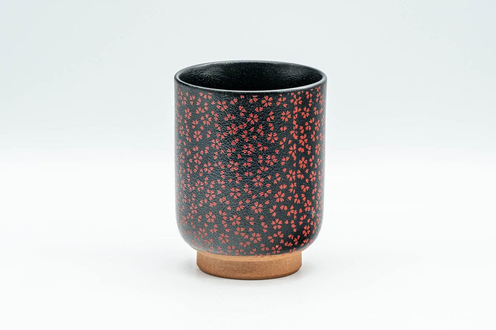 Japanese Teacup - Black Red Floral Tsutsu-gata Yunomi  - 180ml