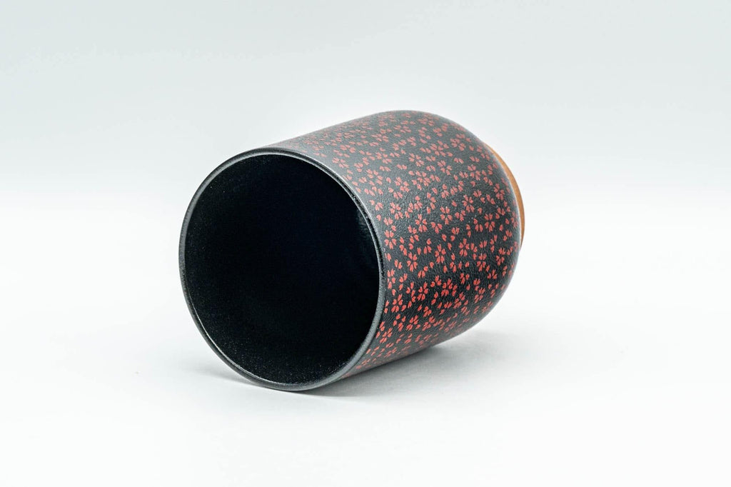 Japanese Teacup - Black Red Floral Tsutsu-gata Yunomi  - 180ml
