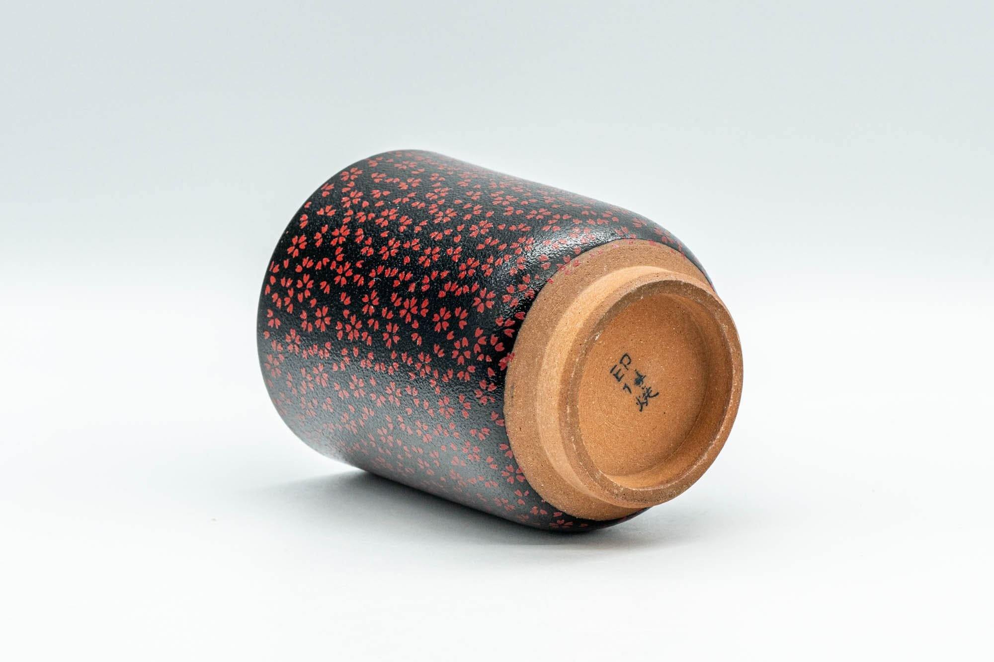Japanese Teacup - Black Red Floral Tsutsu-gata Yunomi  - 180ml
