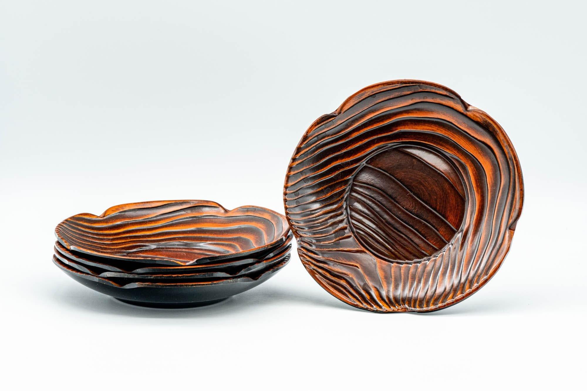Japanese Chataku - Set of 5 Floral Wood Grain Plastic Lacquer Tea Saucers