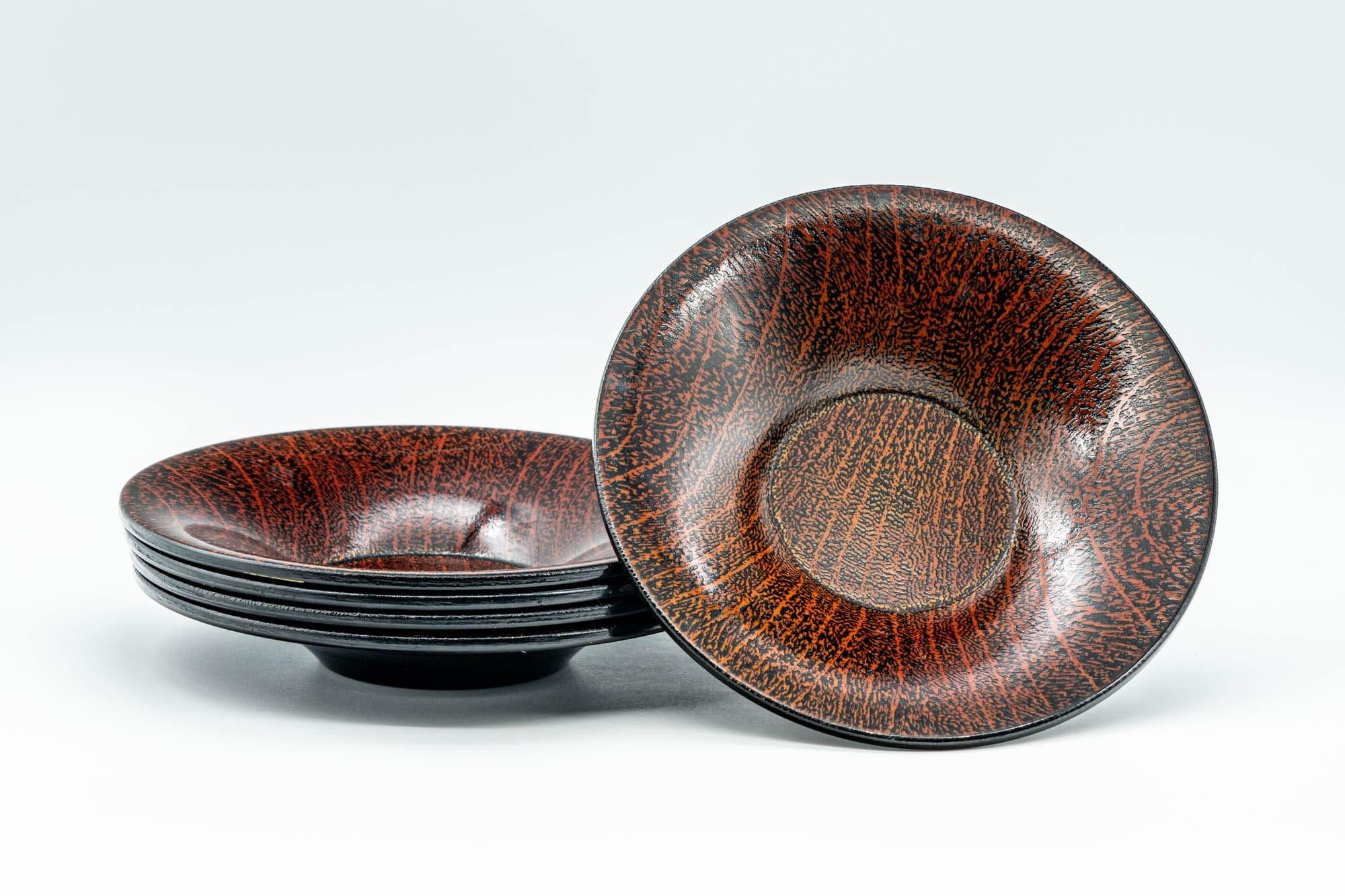 Japanese Chataku - Set of 5 Wood Grain-Patterned Lacquer Tea Saucers
