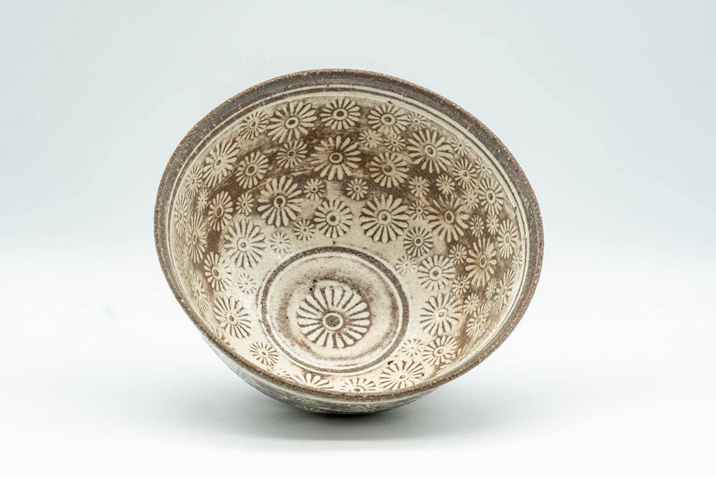 Japanese Matcha Bowl - Floral Mishima Grey White Glazed Chawan - 350ml