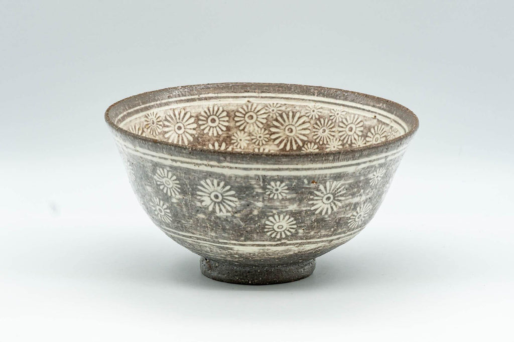 Japanese Matcha Bowl - Floral Mishima Grey White Glazed Chawan - 350ml