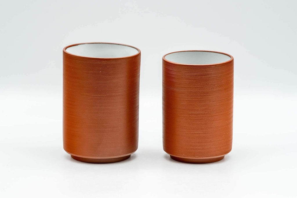 Japanese Teacups - Pair of Bamboo Striped White Glazed Tokoname-yaki Meoto Yunomi