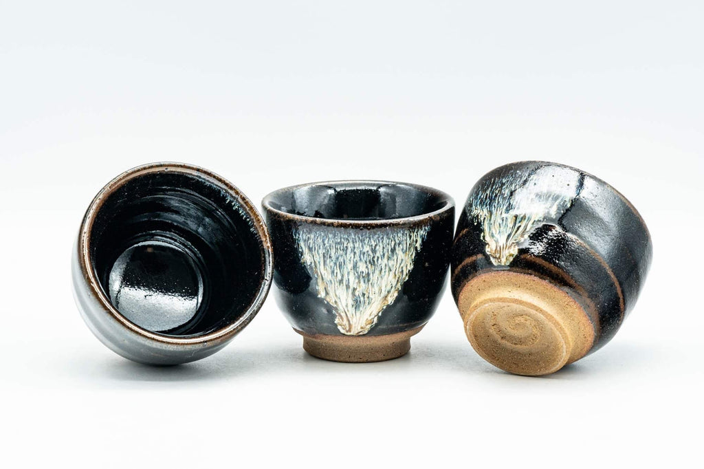 Japanese Teacups - Set of 3 Jet Black Hare's Fur Drip-Glazed Yunomi - 60ml