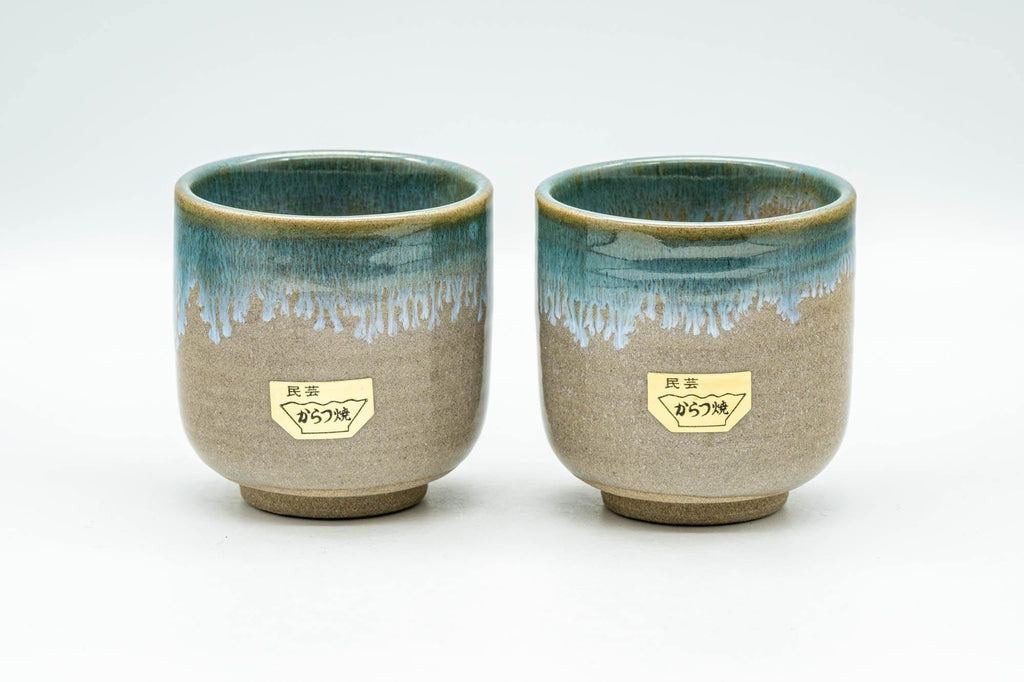 Japanese Teacups - Pair of Turquoise Drip-Glazed Agano-yaki Yunomi - 110ml