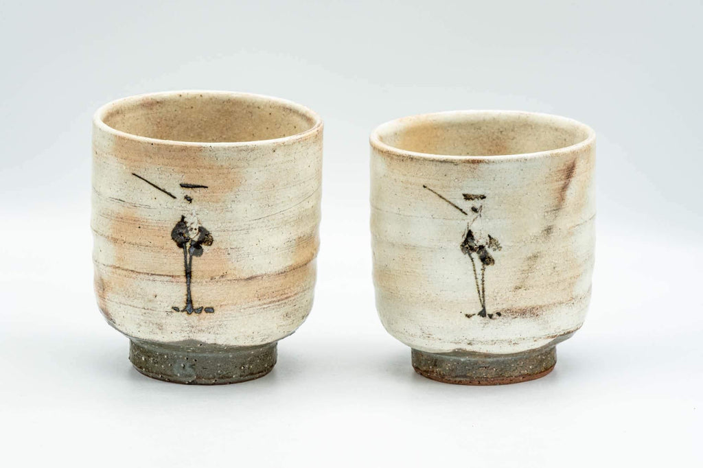 Japanese Teacups - Pair of 西山窯 Seizan Kiln Standing Cranes Kyo-yaki Meoto Yunomi
