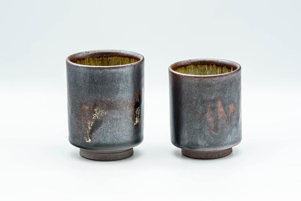 Japanese Teacups - Pair of Drip-Glazed Lidded Meoto Yunomi