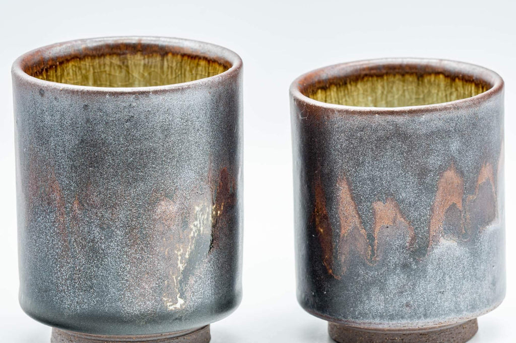 Japanese Teacups - Pair of Drip-Glazed Lidded Meoto Yunomi