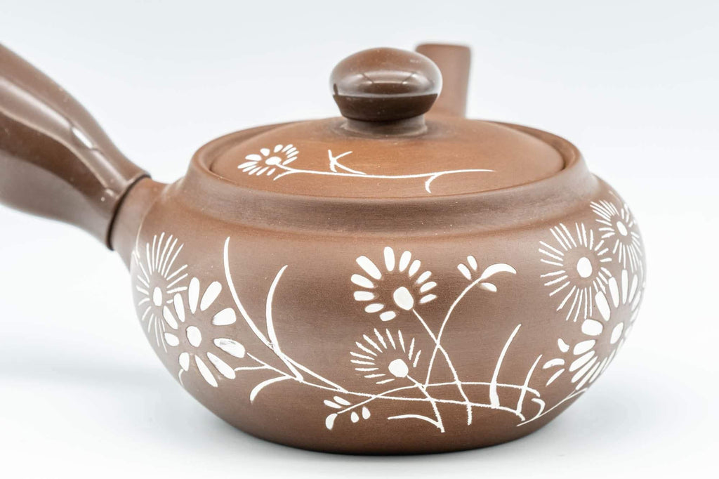 Japanese Kyusu - Floral White and Brown Teapot with Rubber Grip - 250ml