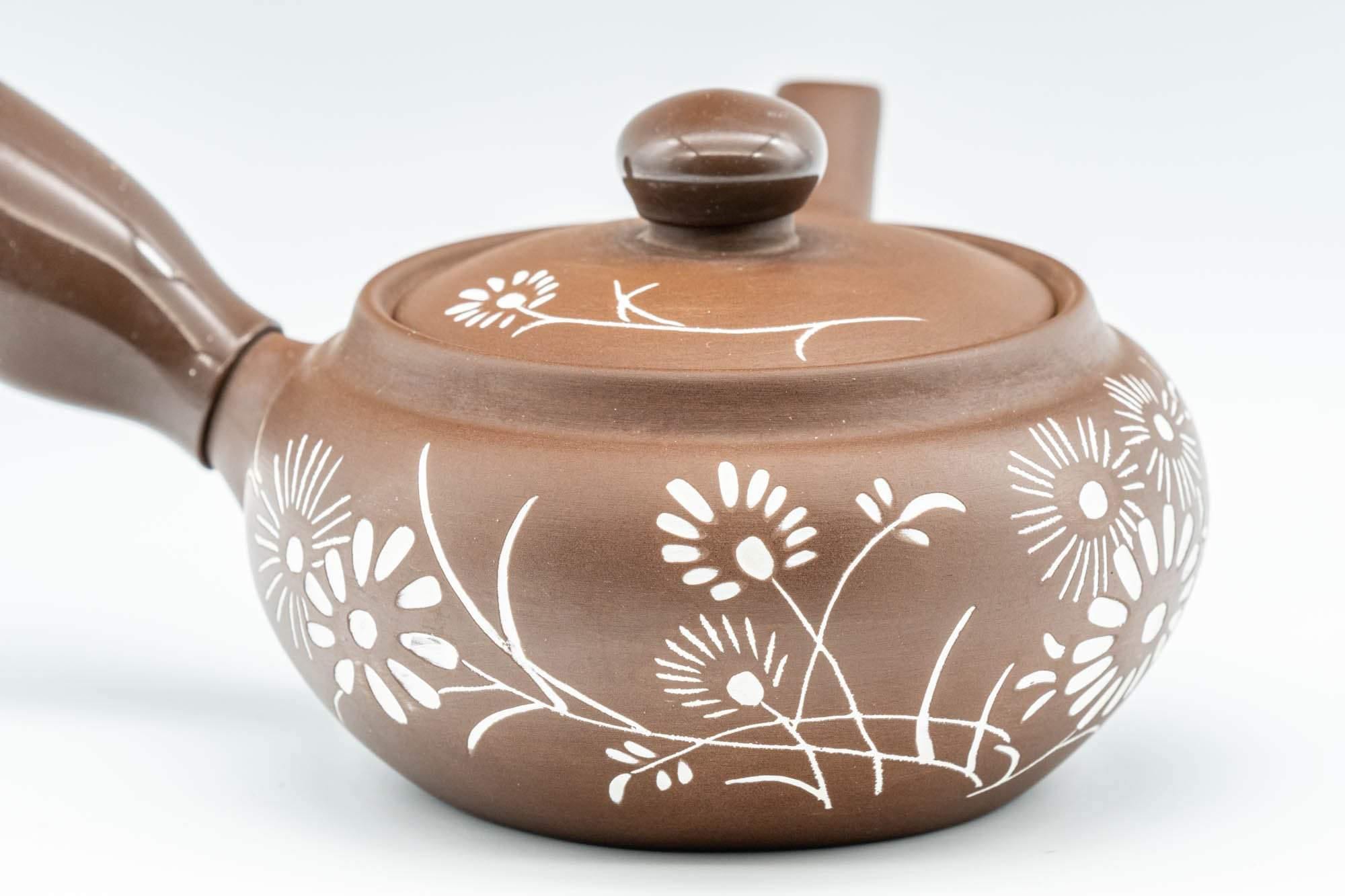 Japanese Kyusu - Floral White and Brown Teapot with Rubber Grip - 250ml