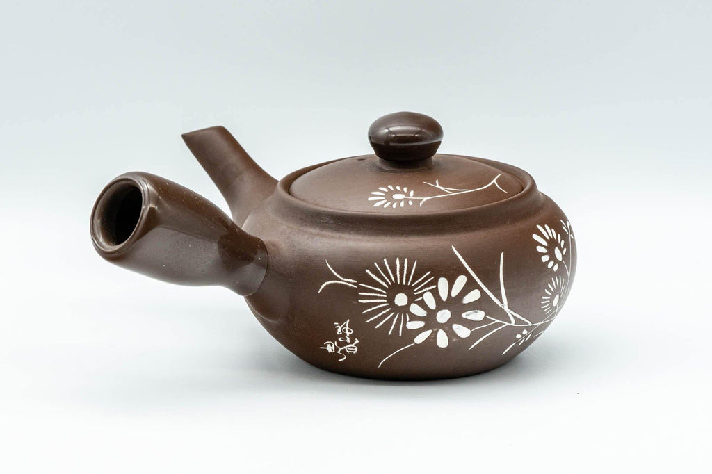 Japanese Kyusu - Floral White and Brown Teapot with Rubber Grip - 250ml