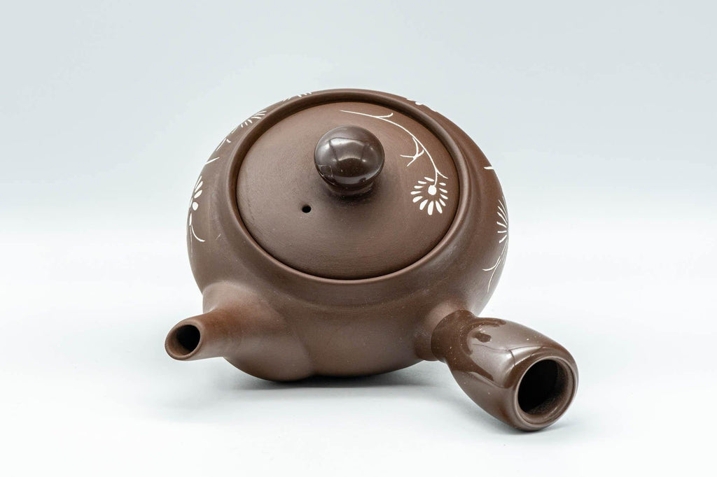 Japanese Kyusu - Floral White and Brown Teapot with Rubber Grip - 250ml