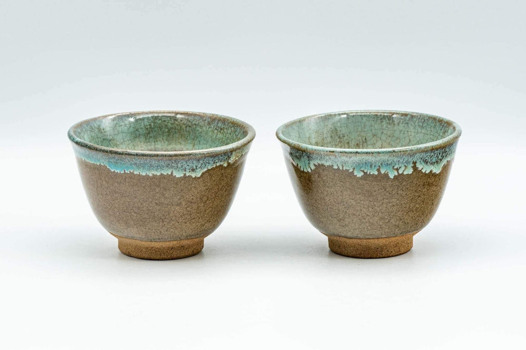 Japanese Teacups - Pair of Teal Drip-Glazed Agano-yaki Yunomi - 100ml