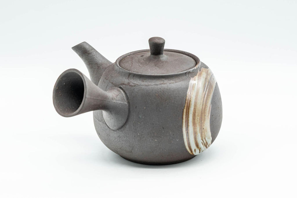 Japanese Kyusu - Beige Hakeme Black Stoneware Maru-gata Teapot - 275ml