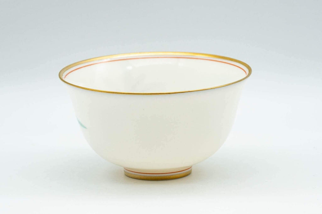 Japanese Teacup Set - 5 White Gold Floral Porcelain Yunomi in Wooden Box - 140ml