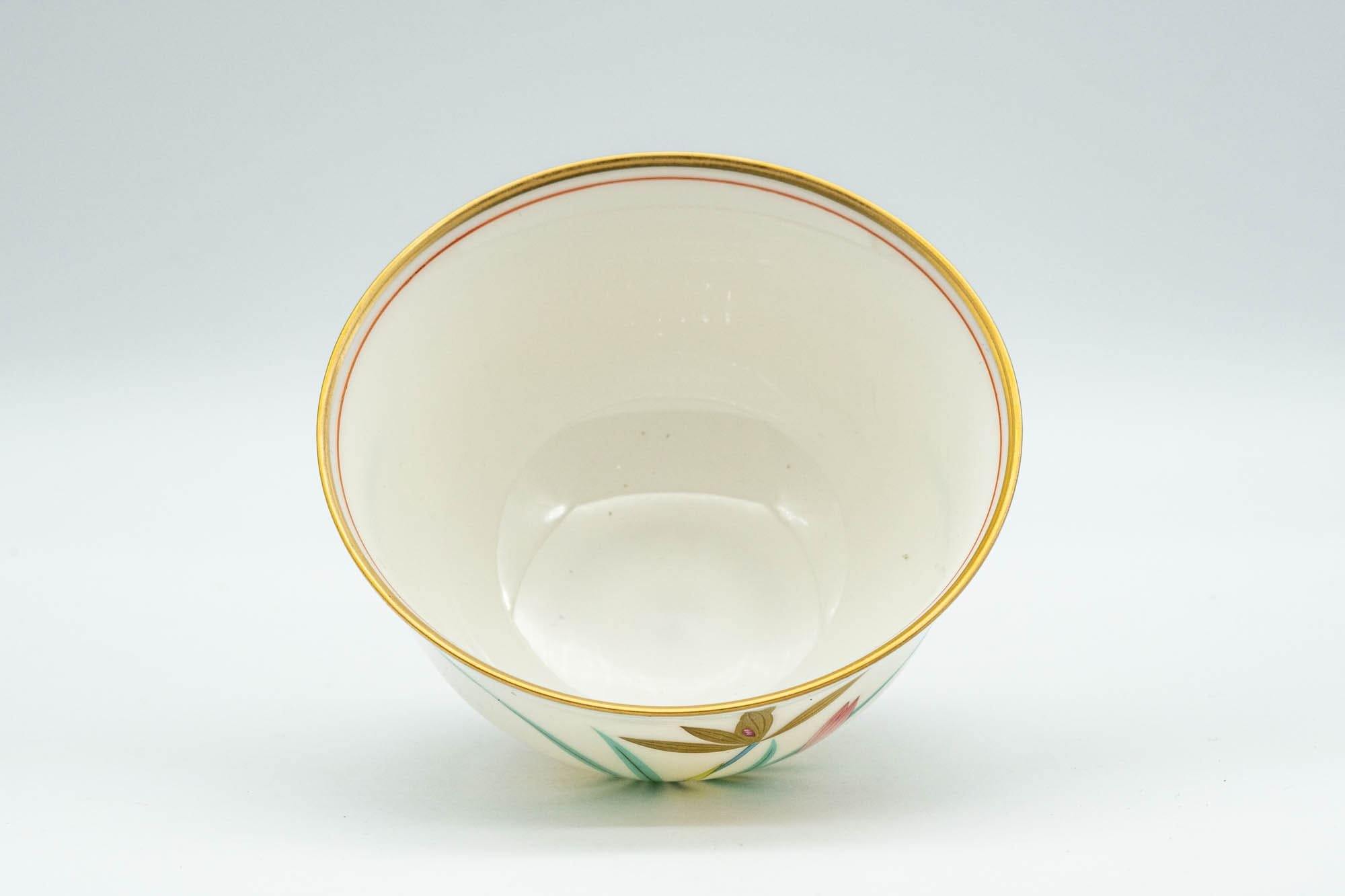Japanese Teacup Set - 5 White Gold Floral Porcelain Yunomi in Wooden Box - 140ml