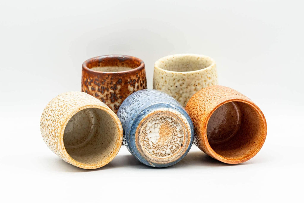 Japanese Teacup Set - Five Unique Shino Glazed Yunomi in Wooden Box - 100ml
