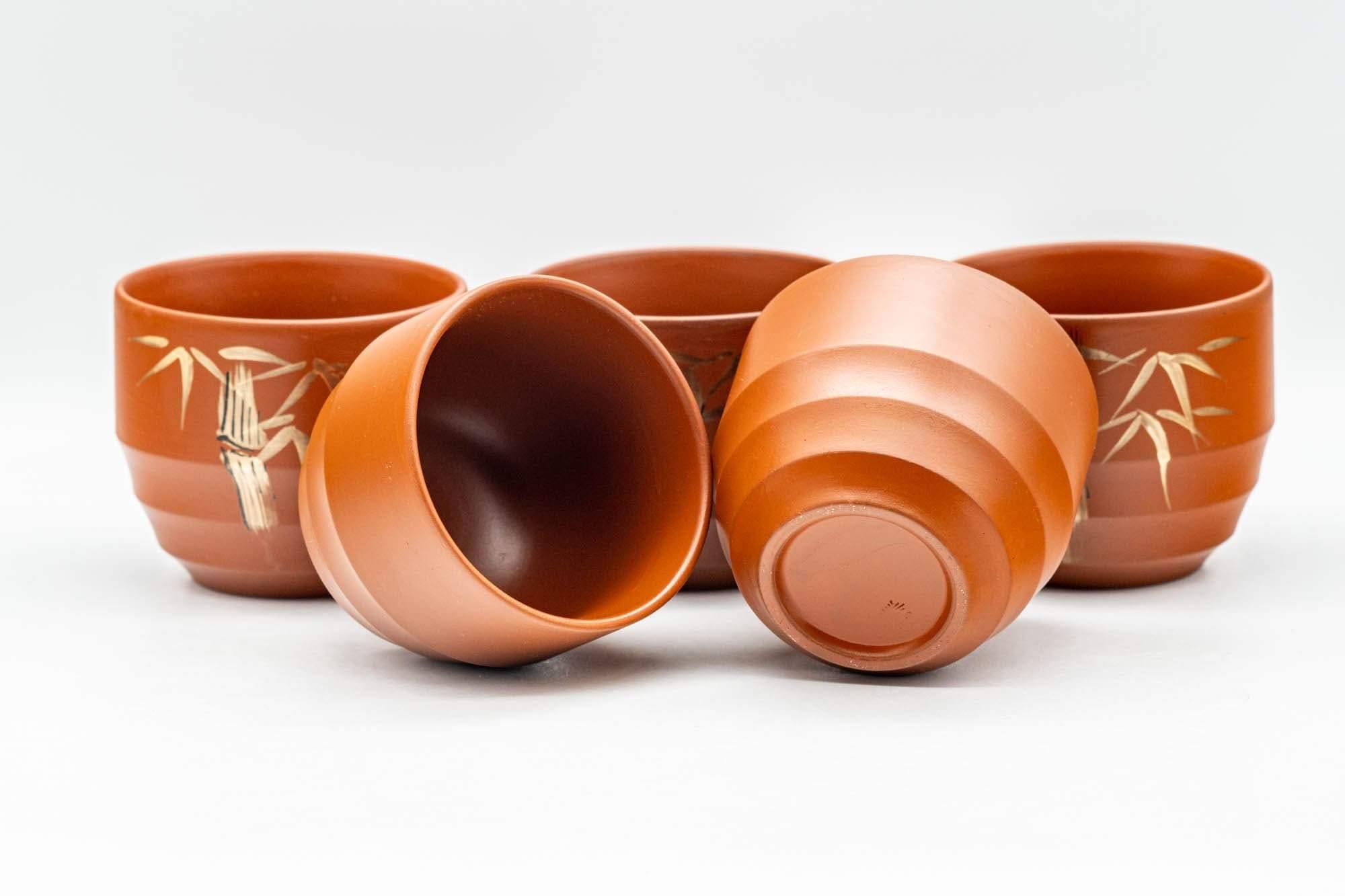 Japanese Tea Set - Gold Bamboo Tokoname-yaki Debeso Kyusu Teapot with 5 Yunomi Teacups