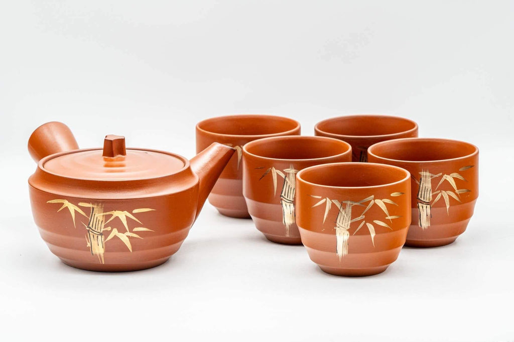 Japanese Tea Set - Gold Bamboo Tokoname-yaki Debeso Kyusu Teapot with 5 Yunomi Teacups