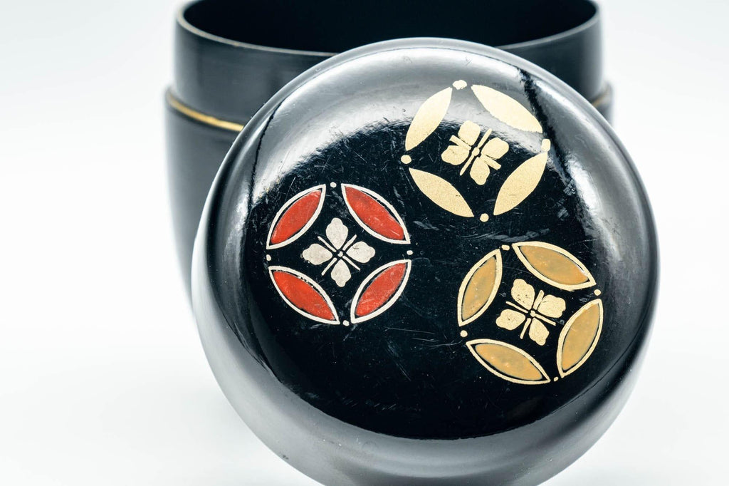 Japanese Natsume - Gold and Red Emblemed Black Lacquer Matcha Tea Caddy - 100ml