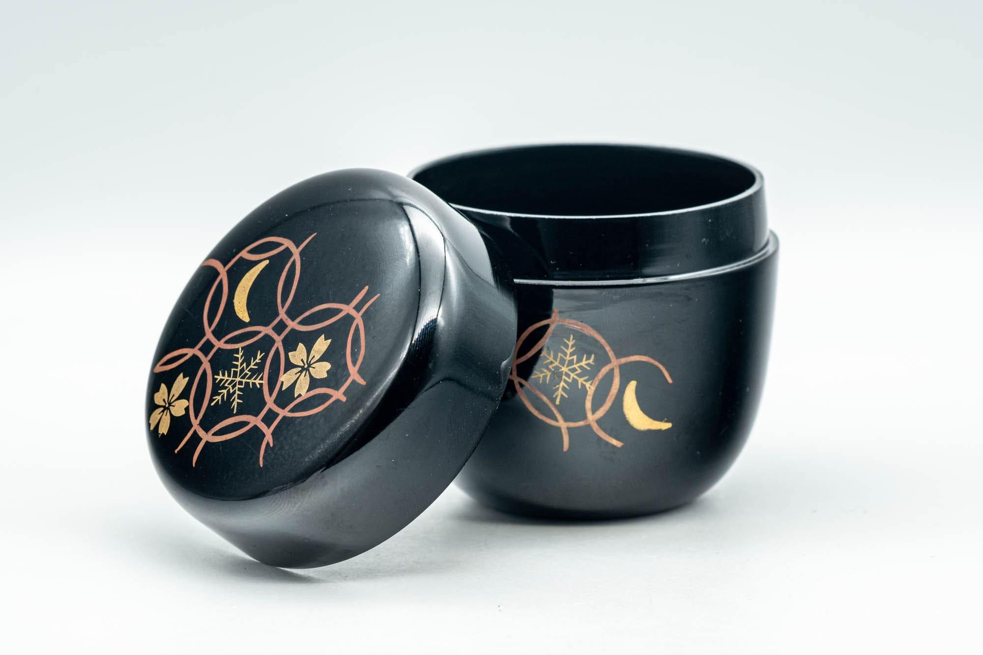 Japanese Natsume - Floral Geometric Black Lacquer Matcha Tea Caddy - 100ml
