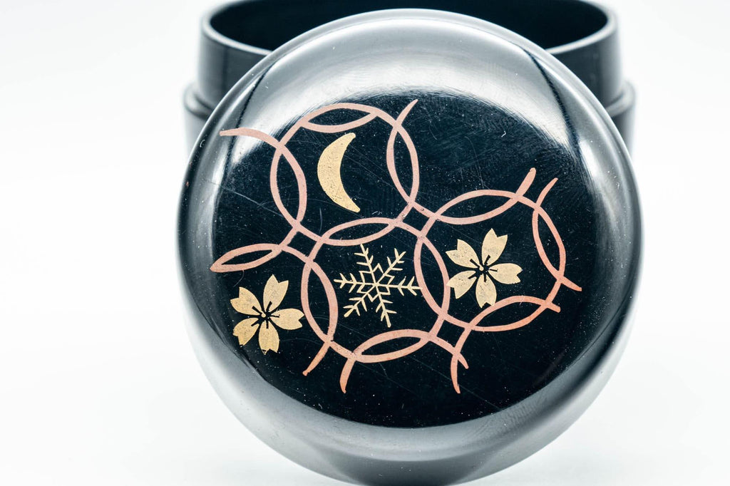 Japanese Natsume - Floral Geometric Black Lacquer Matcha Tea Caddy - 100ml