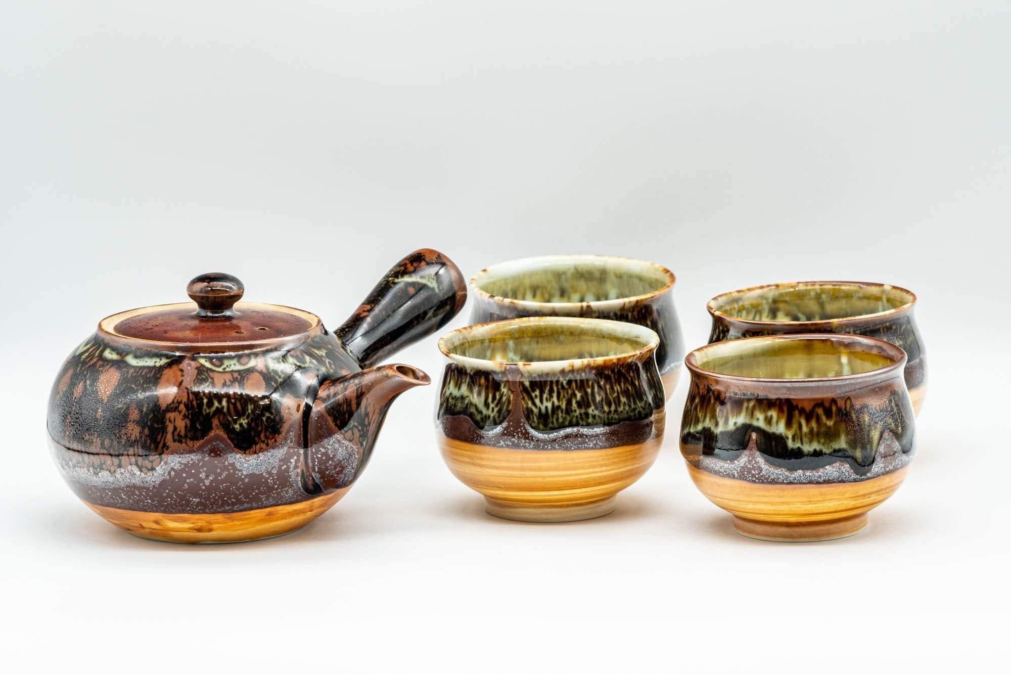 Japanese Tea Set - Drip Glazed Arita-yaki Debeso Kyusu Teapot with 4 Yunomi Teacups