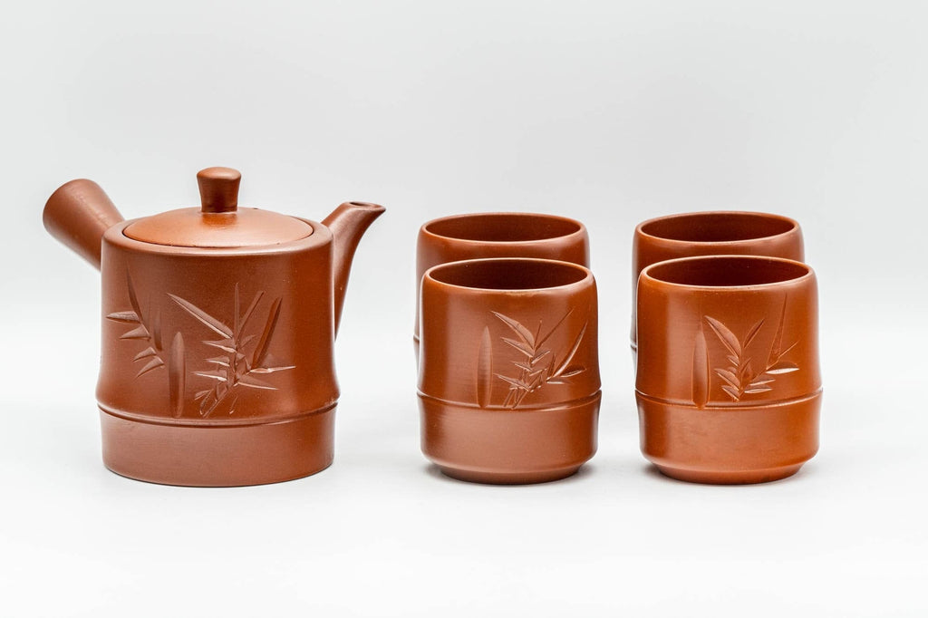 Japanese Tea Set - Bamboo Tokoname-yaki Debeso Kyusu Teapot with 4 Yunomi Teacups