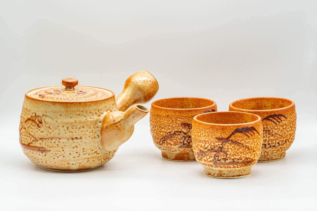 Japanese Tea Set - Orange Shino Glazed Debeso Kyusu Teapot with 3 Yunomi Teacups