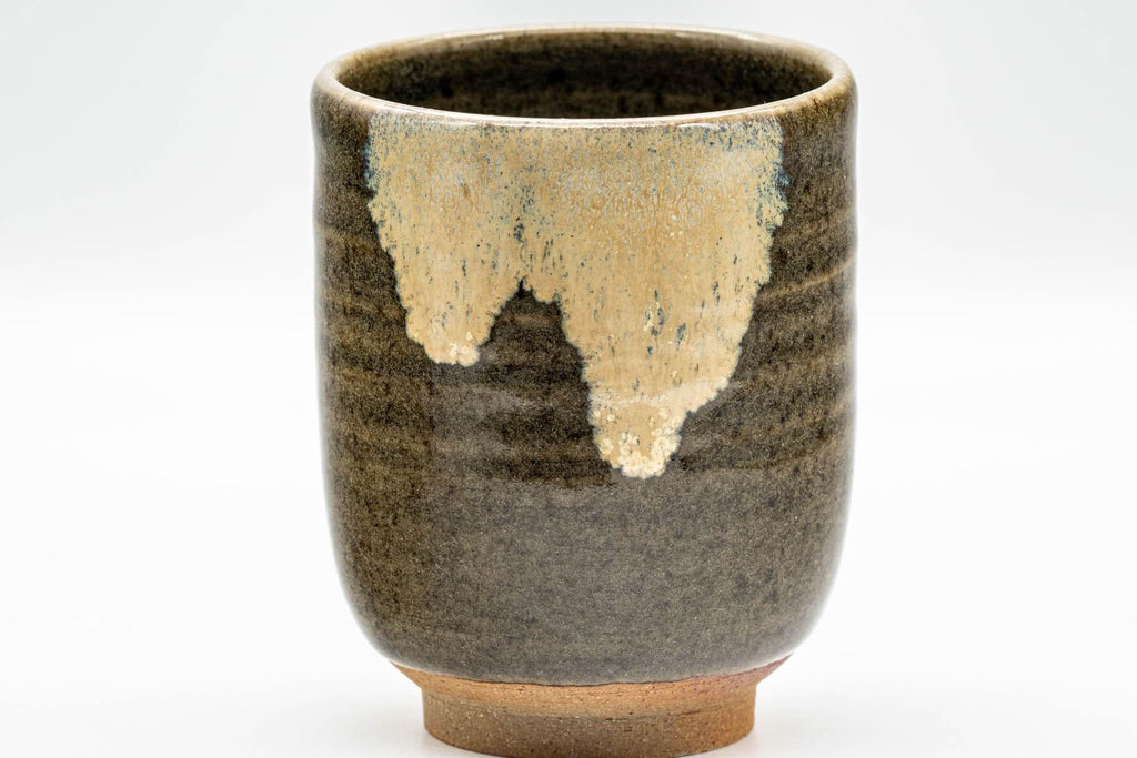Japanese Teacups - Pair of Beige Green Drip-Glazed Meoto Yunomi