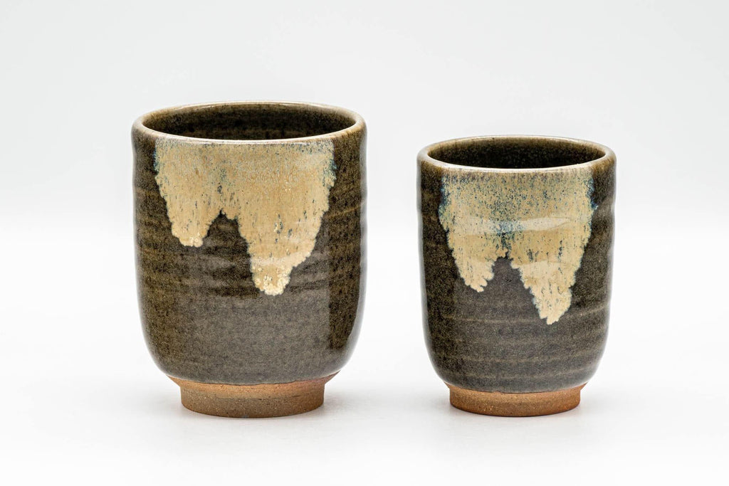 Japanese Teacups - Pair of Beige Green Drip-Glazed Meoto Yunomi