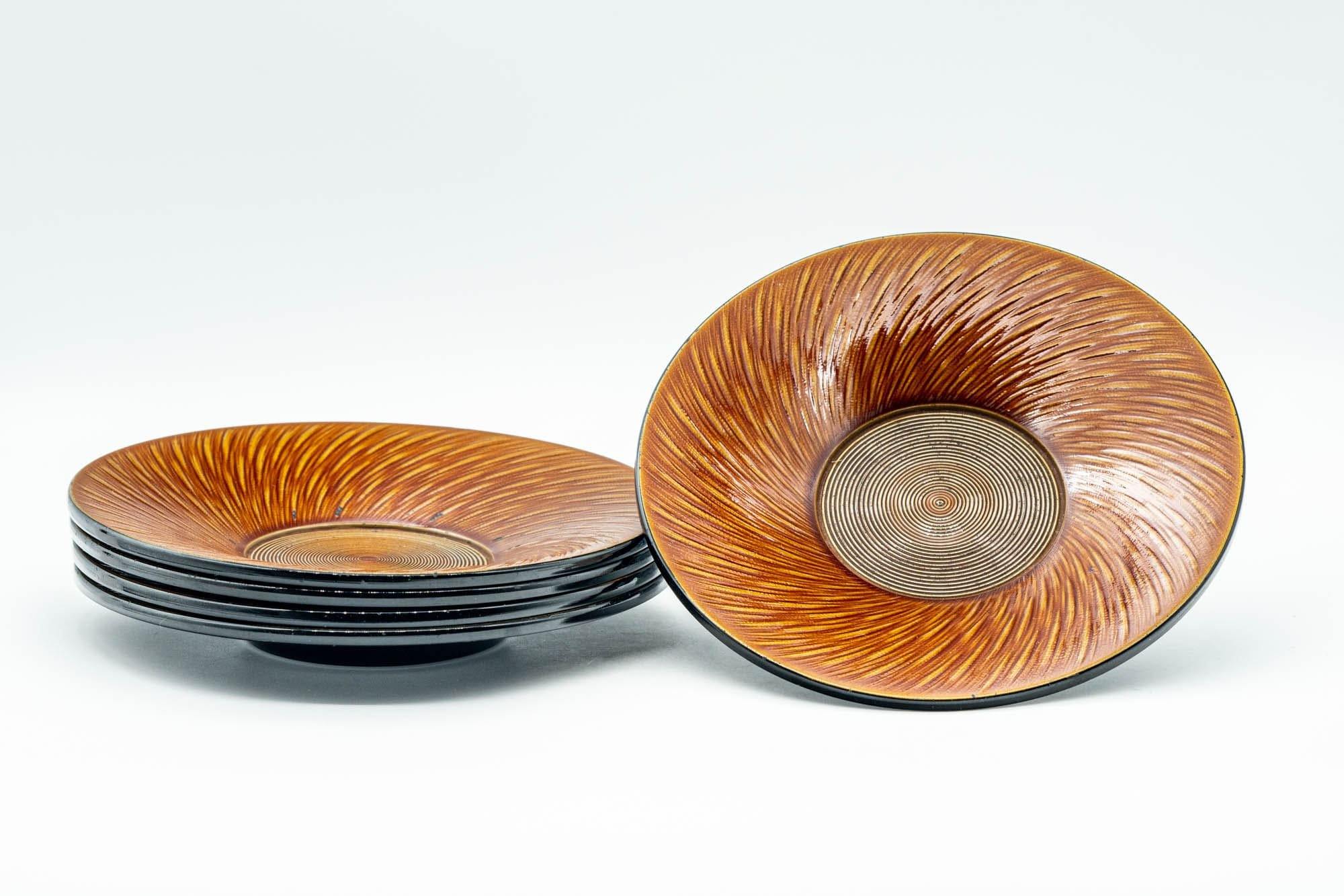 Japanese Chataku - Set of 5 Orange Outward Spiraling Black Lacquer Tea Saucers