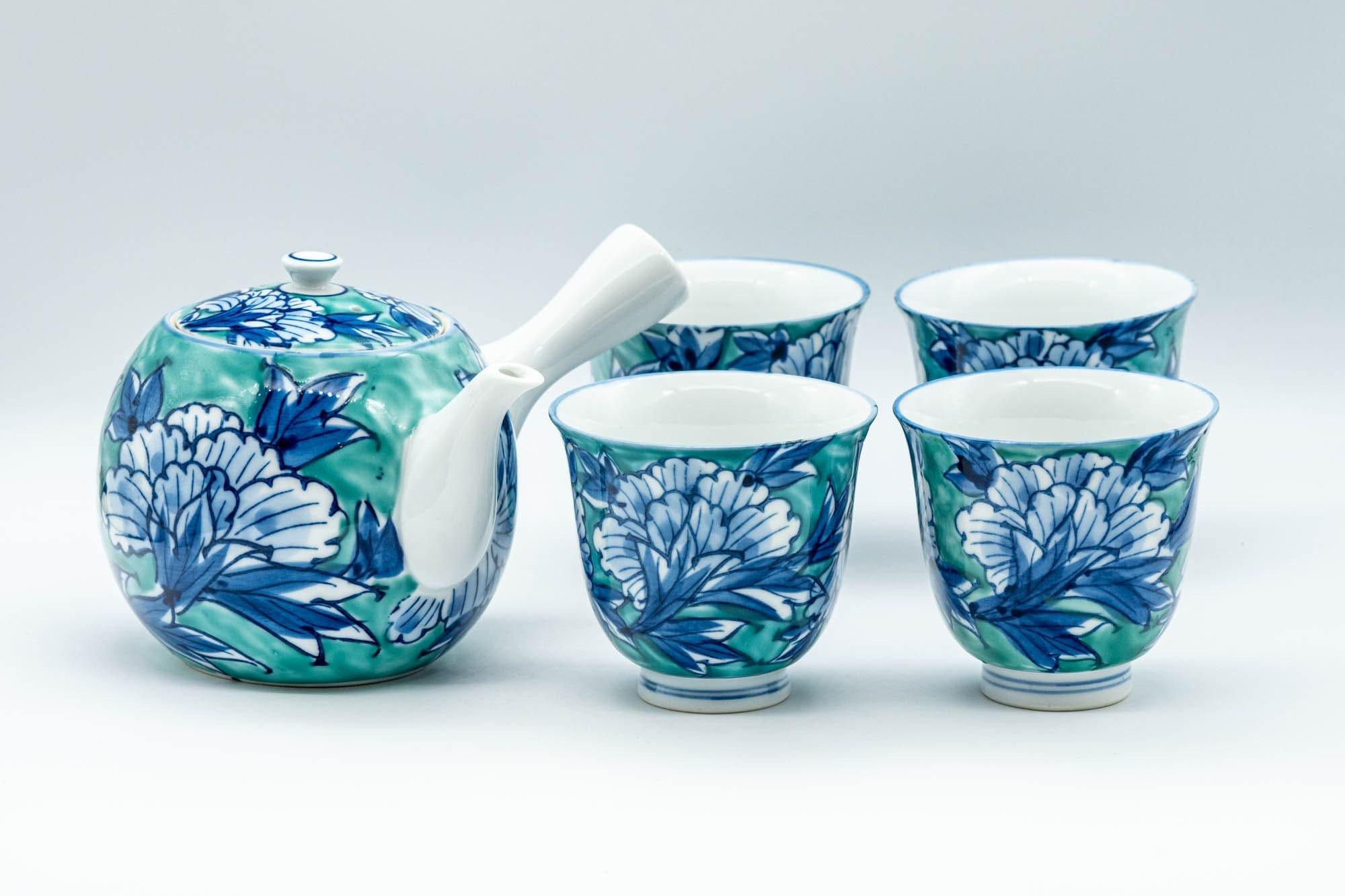 Japanese Tea Set - Blue Green Floral Arita-yaki Debeso Kyusu Teapot with 4 Yunomi Teacups
