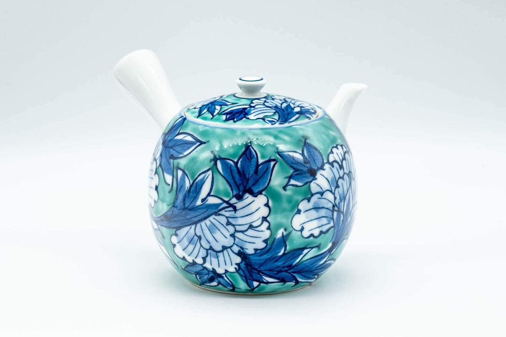 Japanese Tea Set - Blue Green Floral Arita-yaki Debeso Kyusu Teapot with 4 Yunomi Teacups