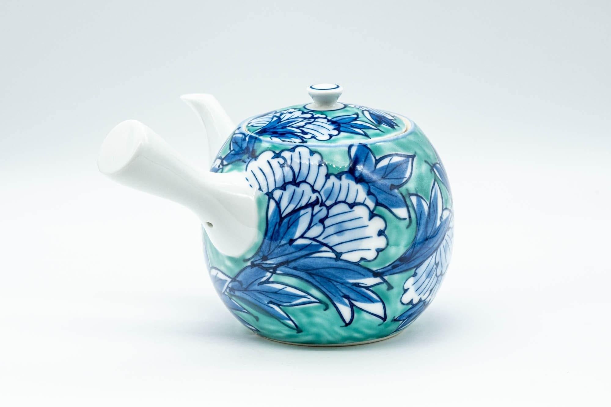 Japanese Tea Set - Blue Green Floral Arita-yaki Debeso Kyusu Teapot with 4 Yunomi Teacups
