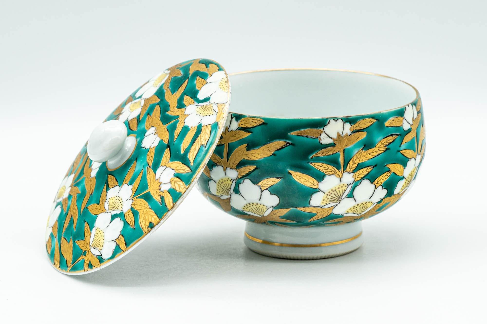 Japanese Teacup - Green White Floral Porcelain Arita-yaki Lidded Yunomi - 150ml