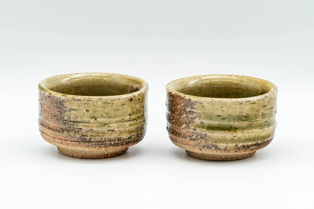 Japanese Teacups - Pair of Green Ash Glazed Shigaraki-yaki Guinomi - 40ml