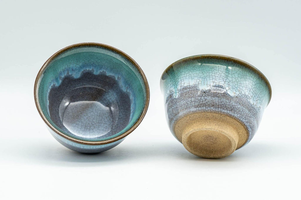 Japanese Teacups - Pair of Turquoise Drip-Glazed Agano-yaki Yunomi - 100ml