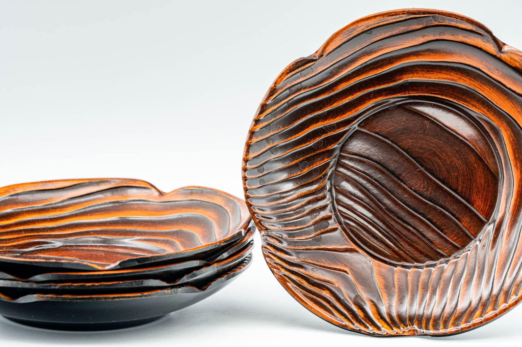 Japanese Chataku - Set of 5 Floral Wood Grain Plastic Lacquer Tea Saucers