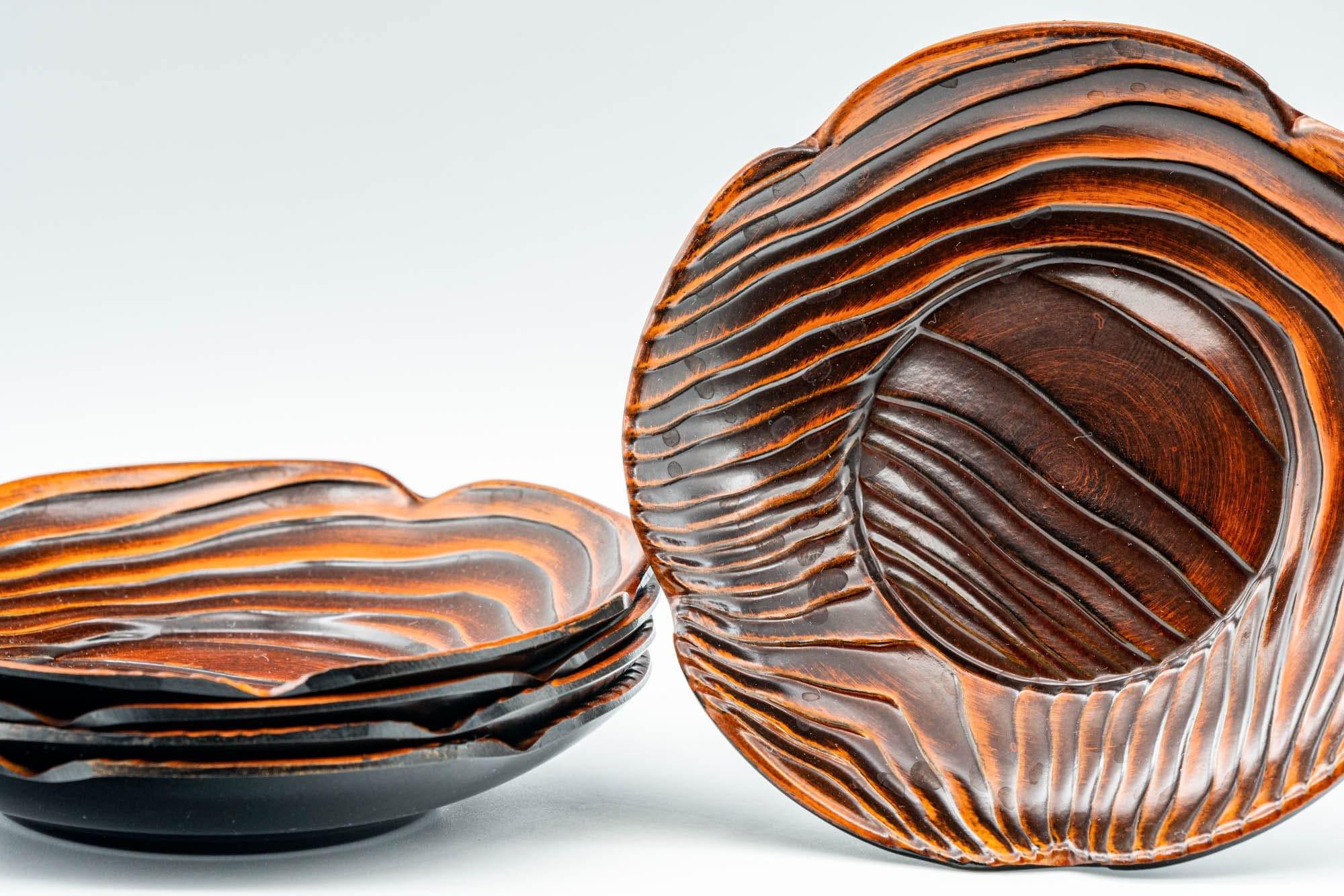 Japanese Chataku - Set of 5 Floral Wood Grain Plastic Lacquer Tea Saucers